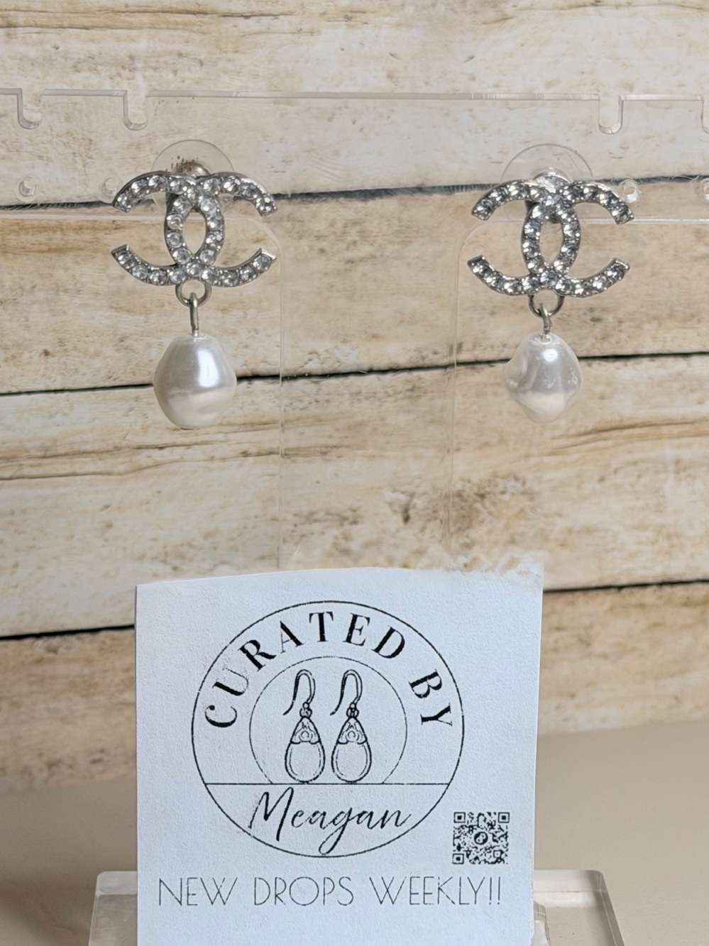 CC Silver Crystal CC Pearl Drop Earrings - White Pearls